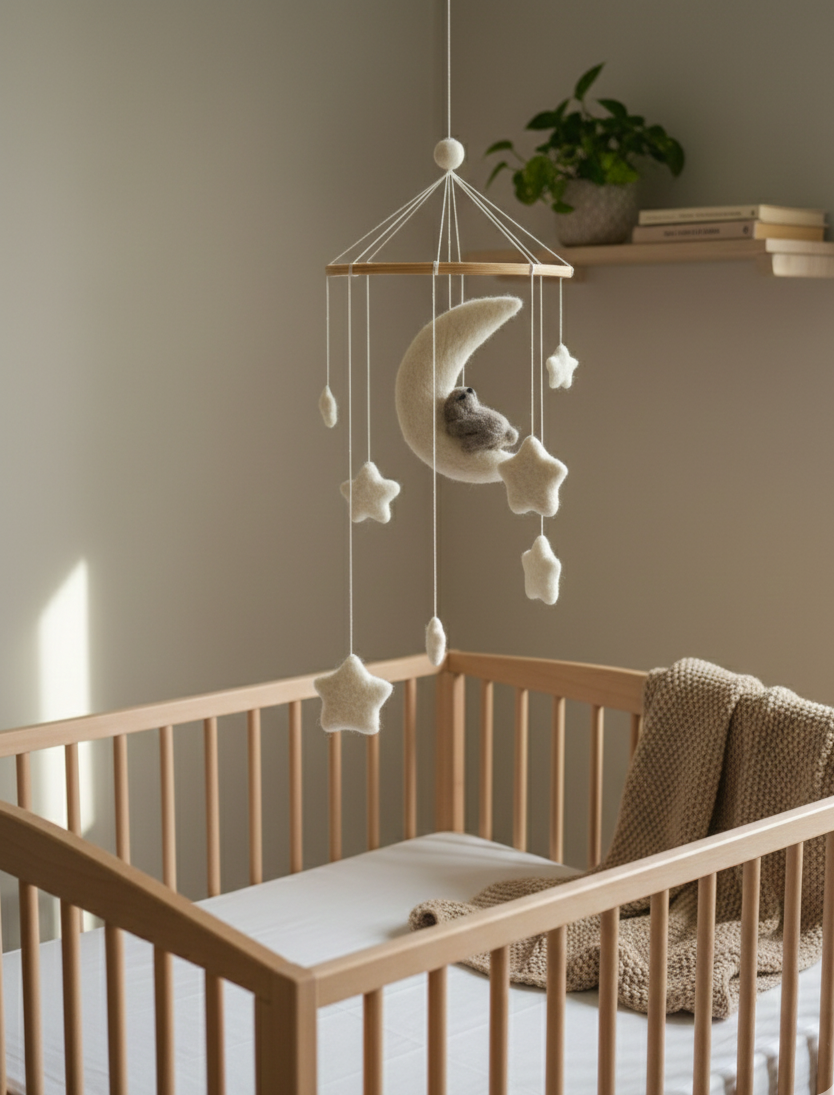Wiegmobiel met konijntje en witte maan, fair trade wolvilt decoratie voor een serene babykamer