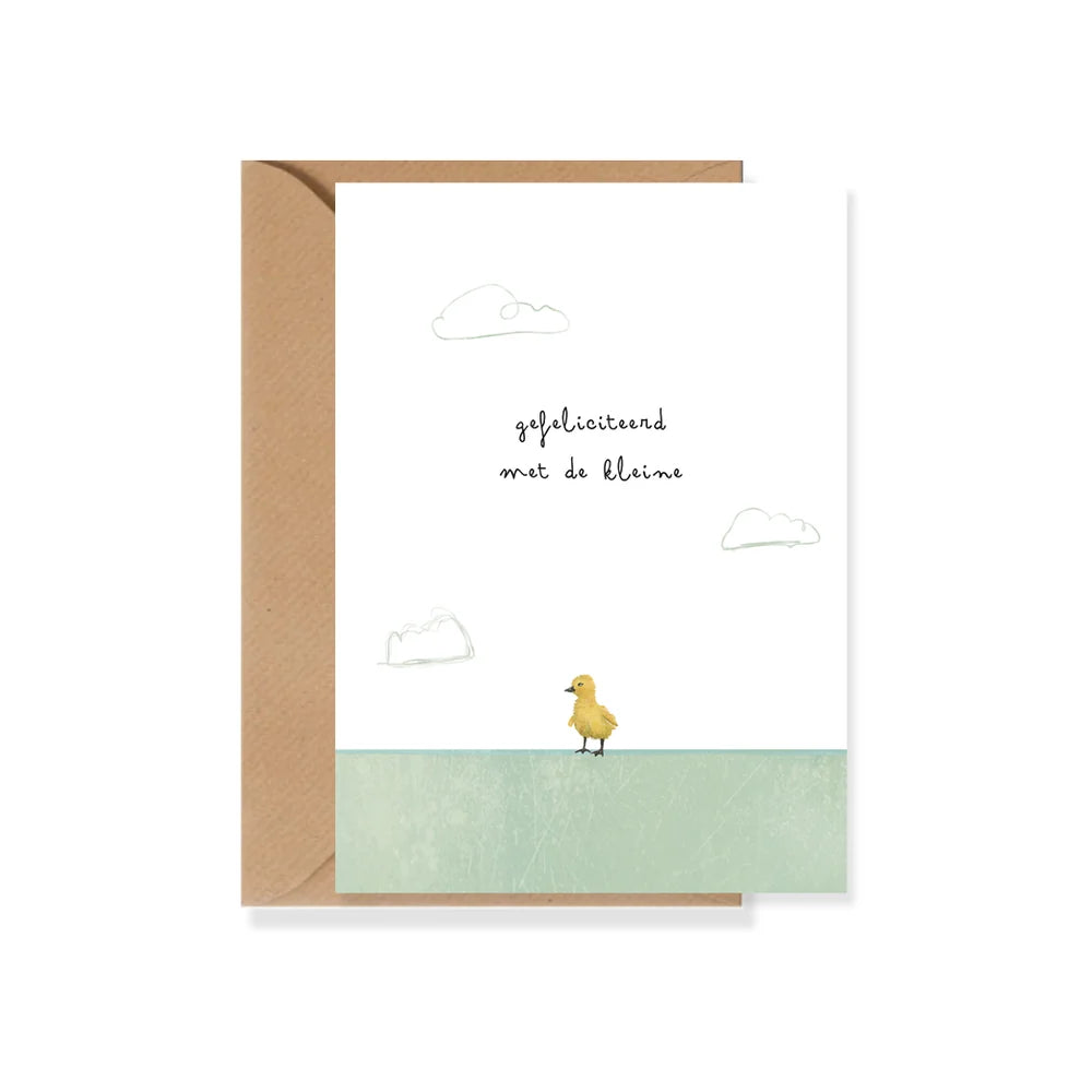 Ansichtkaart voor geboorte met geel kuikentje en de tekst Gefeliciteerd met de kleine.