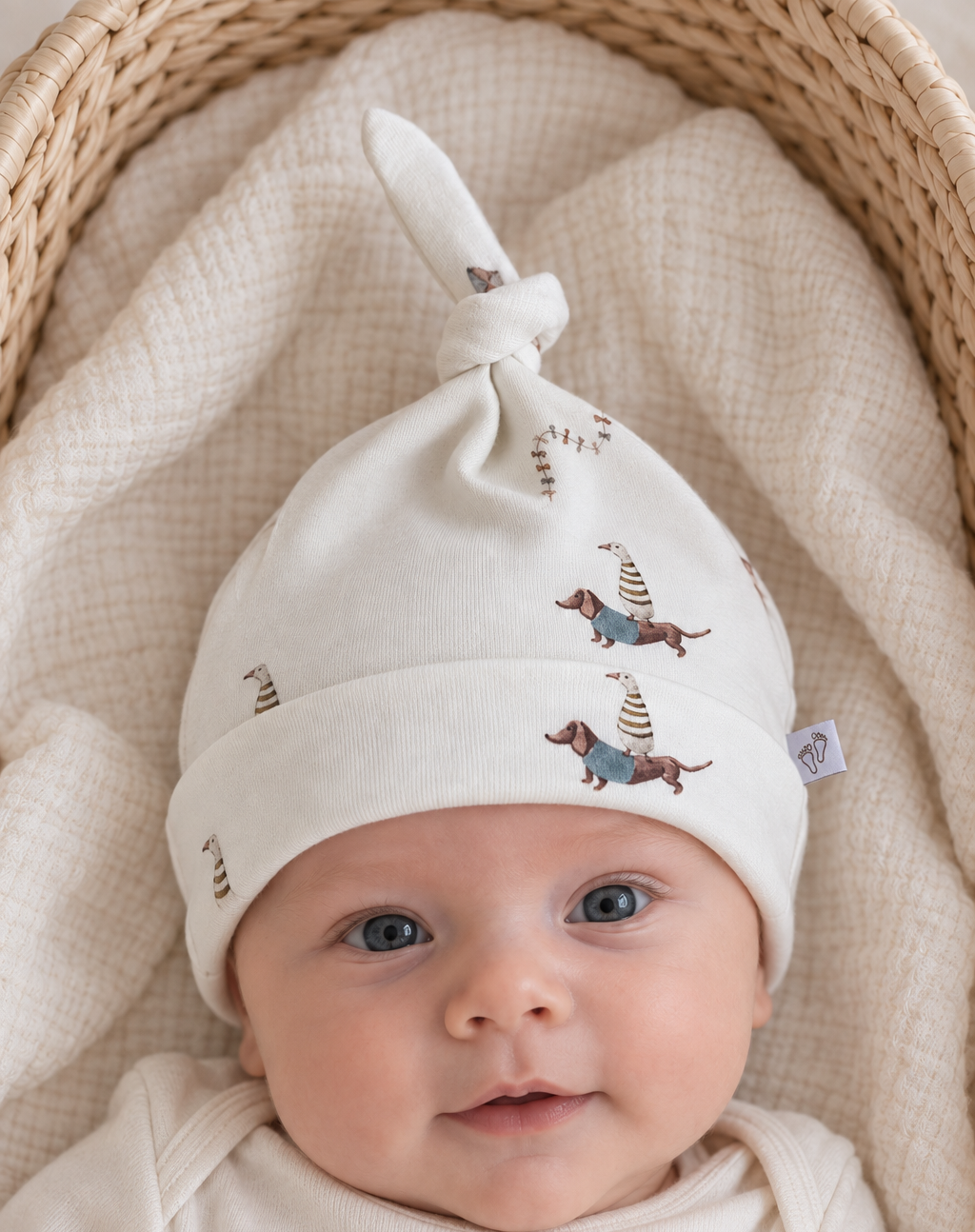 Handgemaakt babymutsje met Dachshund Duck print van teckeltjes en ganzen in rustige natuurlijke kleuren.