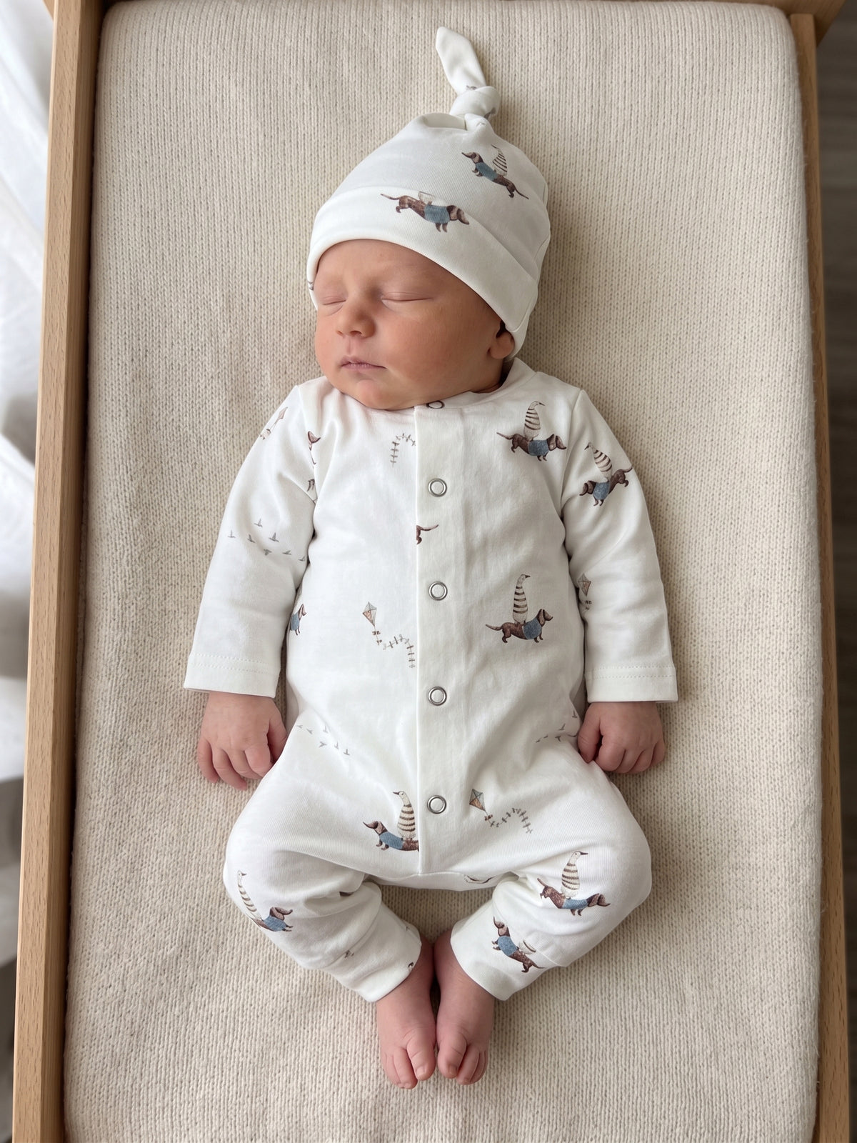 Zacht handgemaakt boxpakje voor baby met speelse print van teckeltjes en ganzen.