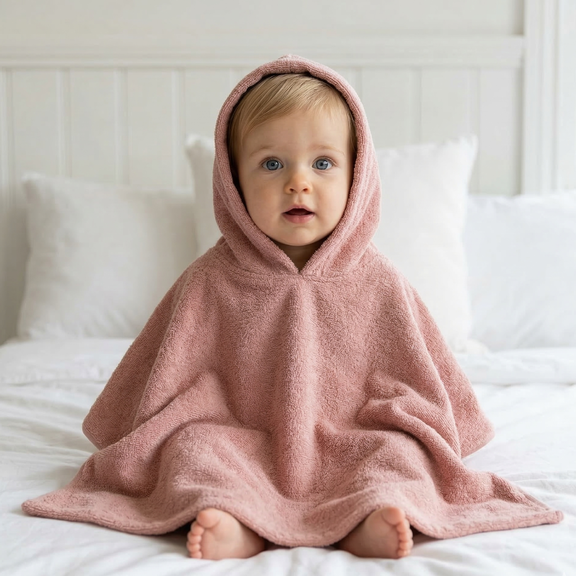 Zachte baby poncho van 100% katoen in de kleur sandstone pink met capuchon van absorberende badstof