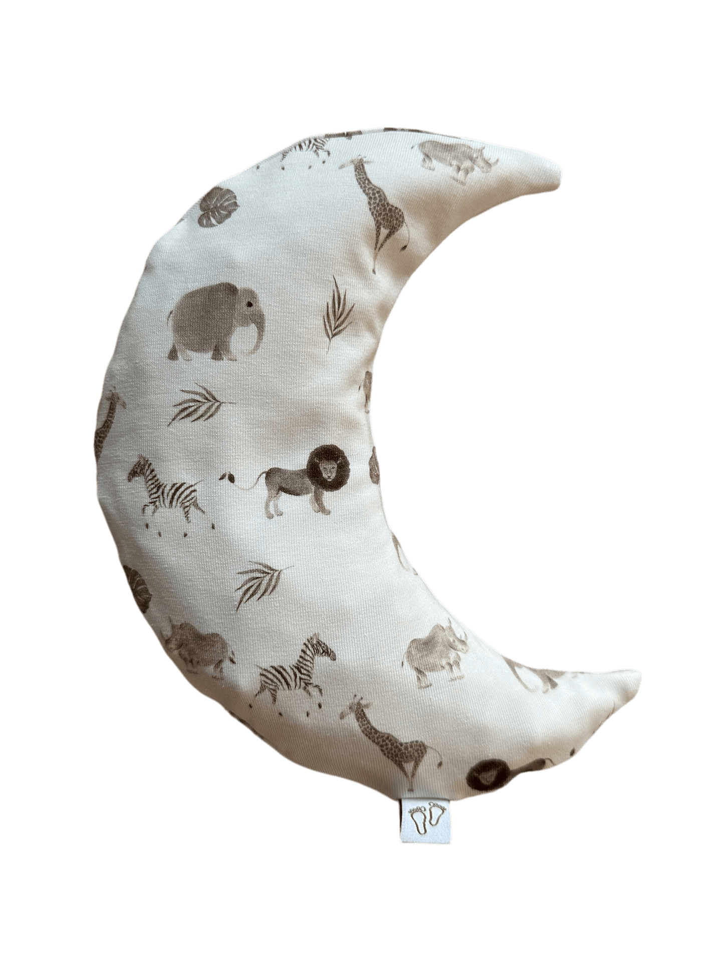 Detail van de safari dierenprint op het Comfy Luna warmtekussen voor baby’s.