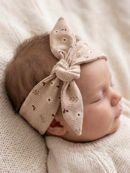 Haarbandje voor babys, verstelbaar met knoop, madeliefjes beige