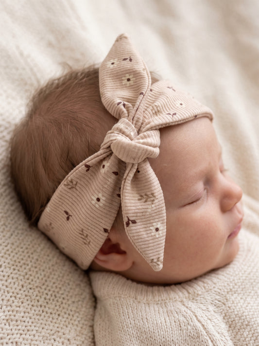 Haarbandje voor babys, verstelbaar met knoop, madeliefjes beige