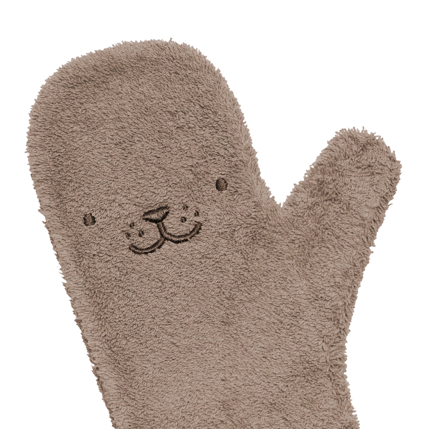 Detail van zachte badstof baby douche handschoen in kleur Mocha