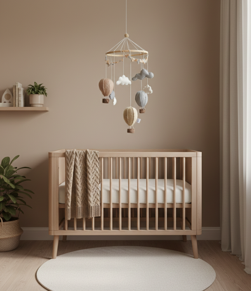 Neutrale luchtballon mobiel in beige tinten, fair trade wolvilt decoratie voor de babykamer