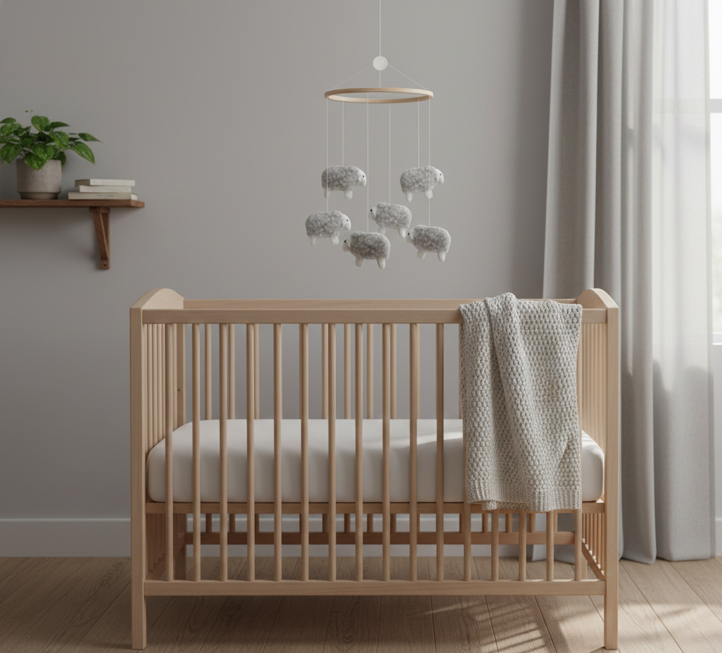 Wiegmobiel met vilten schaapjes, handgemaakt – Barefoot Baby