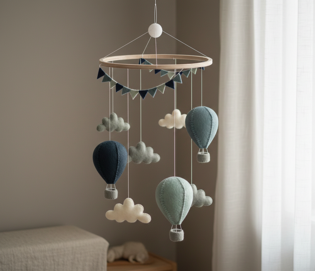 Blauw luchtballon mobiel voor de babykamer, zachte wolvilt decoratie
