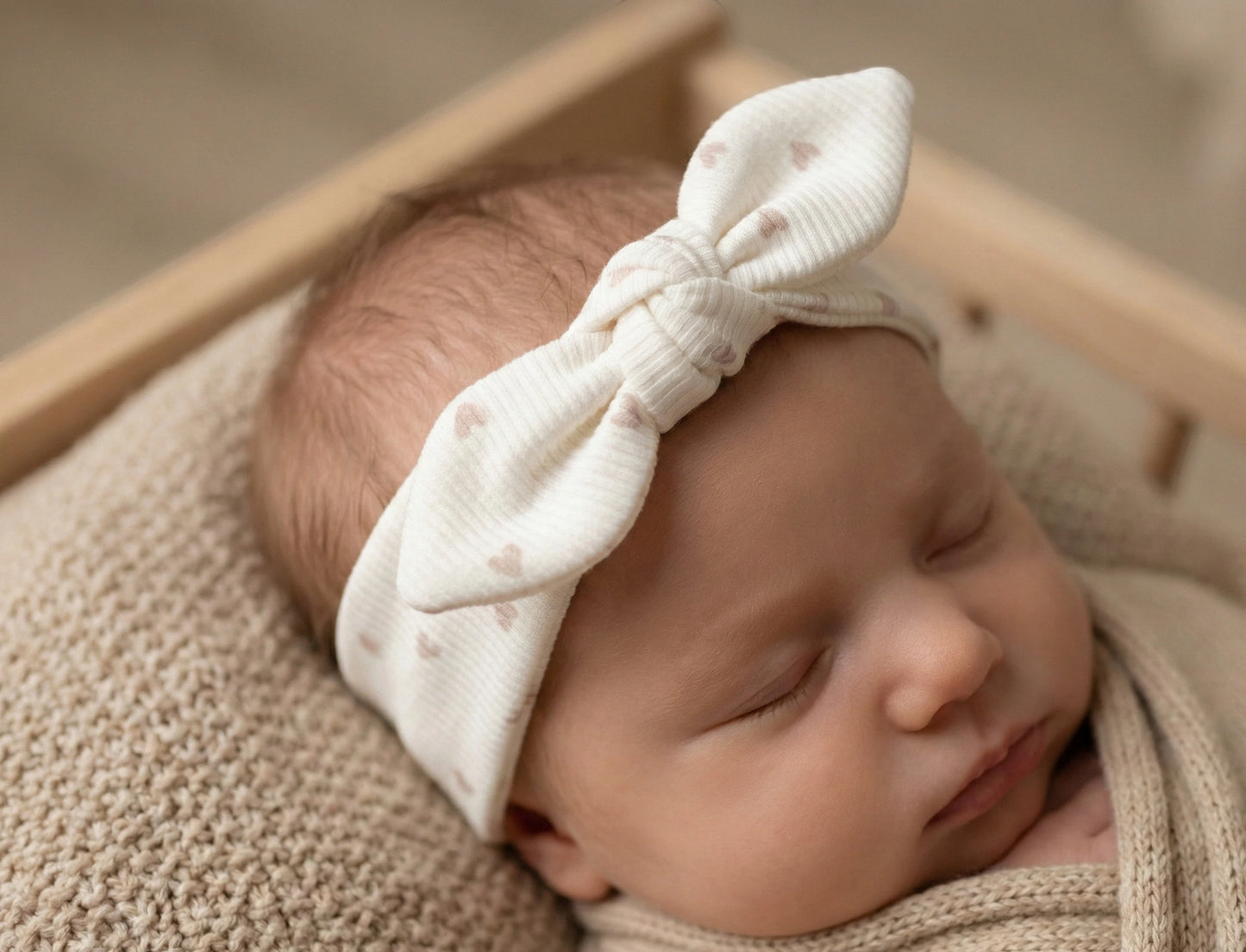 Haarbandje baby hartjes licht beige handgemaakt Barefoot Baby