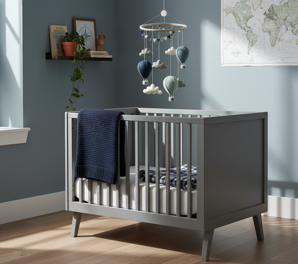 Wiegmobiel met blauwe luchtballonnen van wolvilt, handgemaakt en fair trade – Barefoot Baby