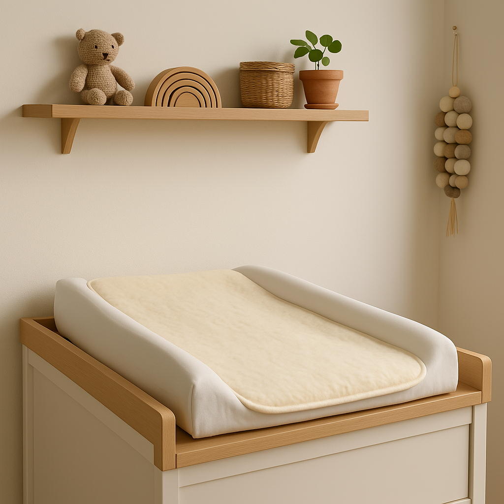 Merino wollen onderlegger op een aankleedkussen tijdens een verzorgingsmoment met een baby