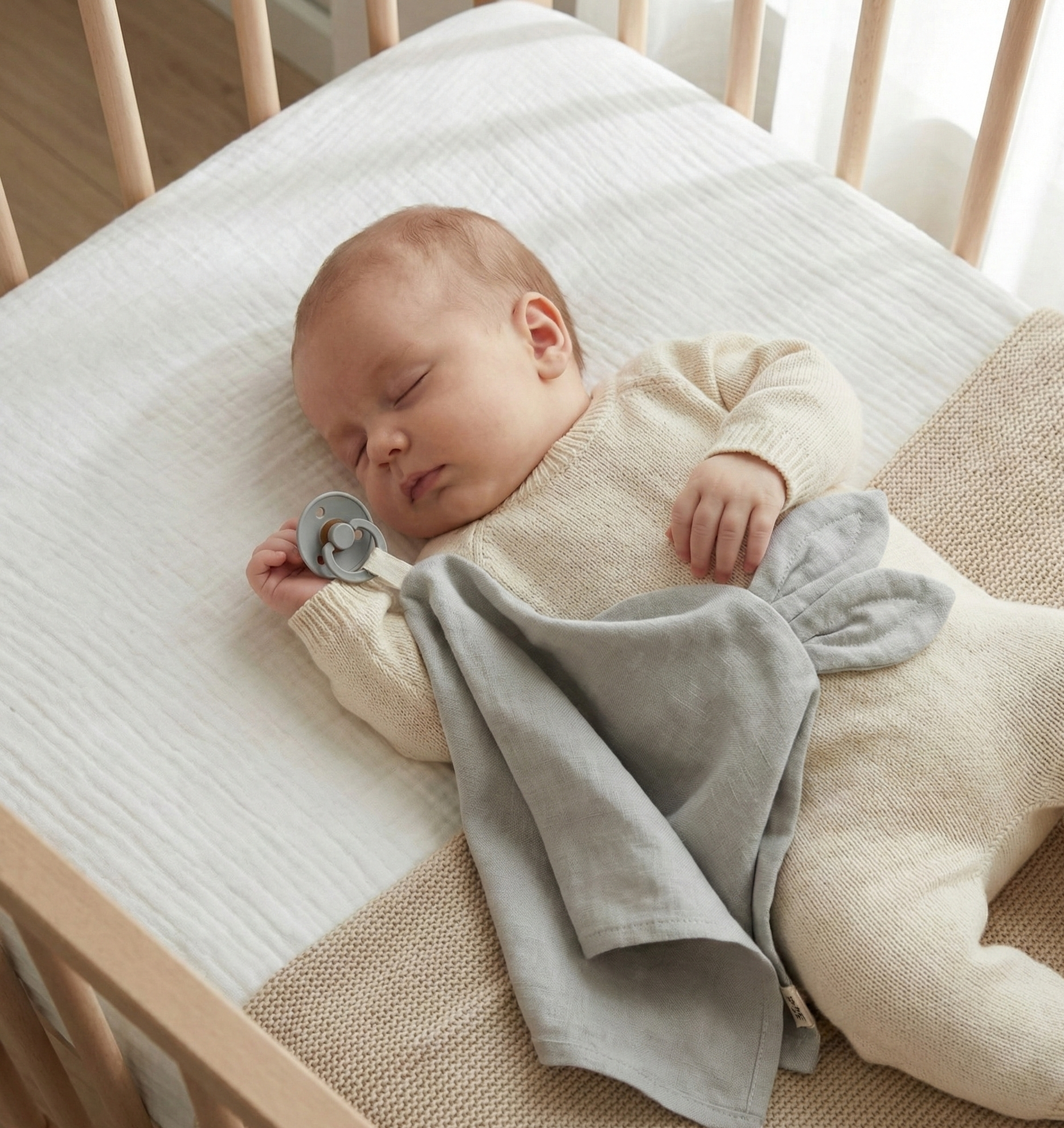 Saga Cuddle Cloth knuffeldoekje in silver gray in een rustige babykamer