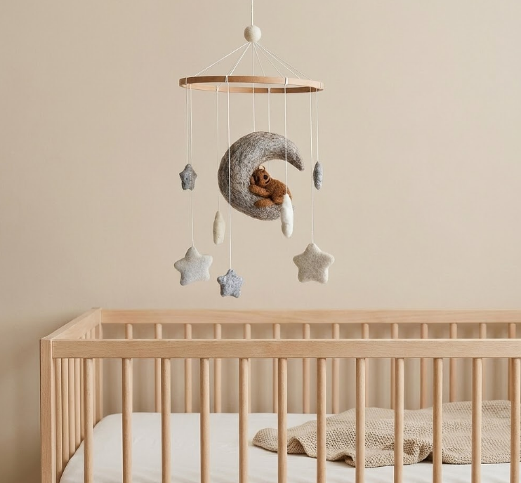 Wiegmobiel met vilten beer en grijze maan van Gamcha, fair trade en perfect voor een rustige babykamer