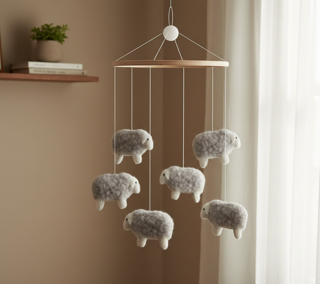 Wiegmobiel met vilten schaapjes, handgemaakt en perfect voor een zachte, rustige babykamer 