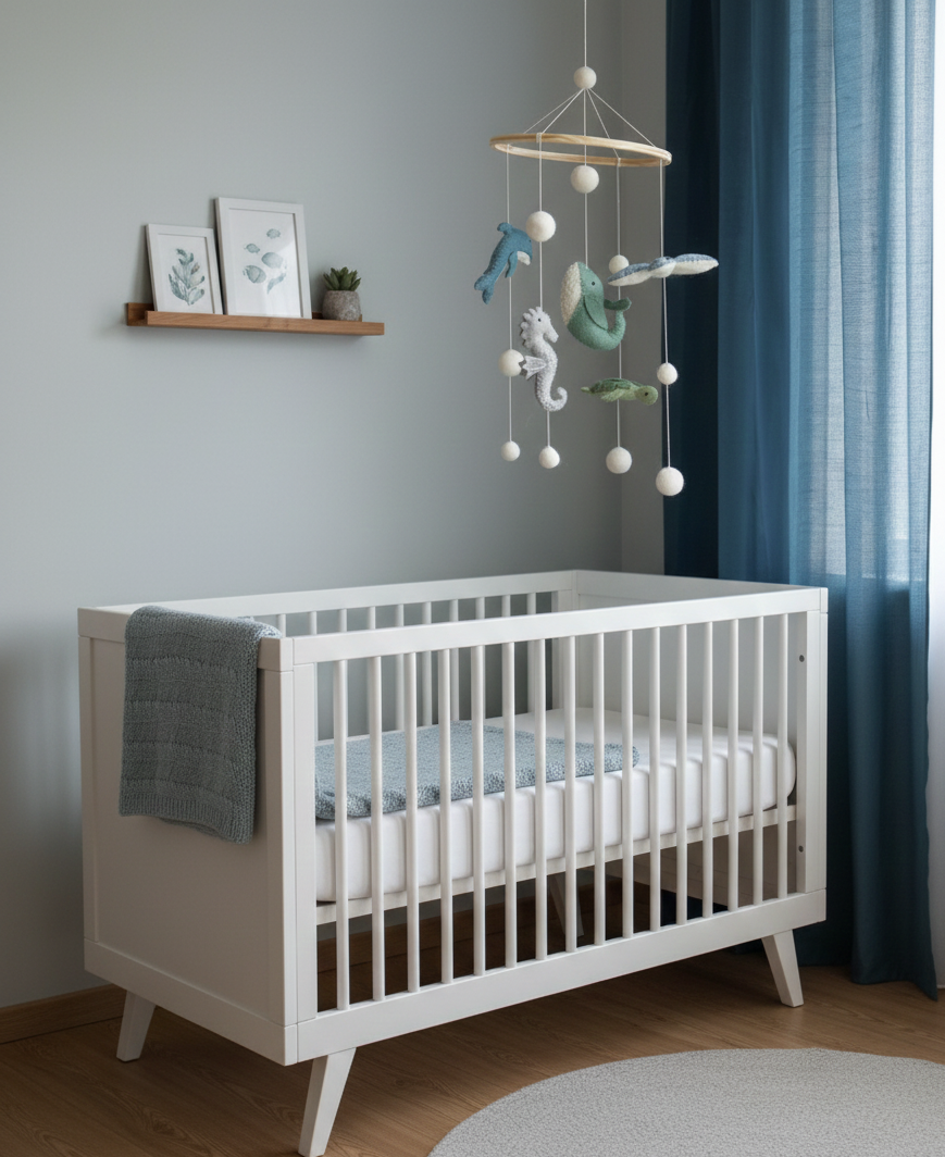 Oceaan dieren mobiel van wolvilt, rustgevende decoratie voor de babykamer